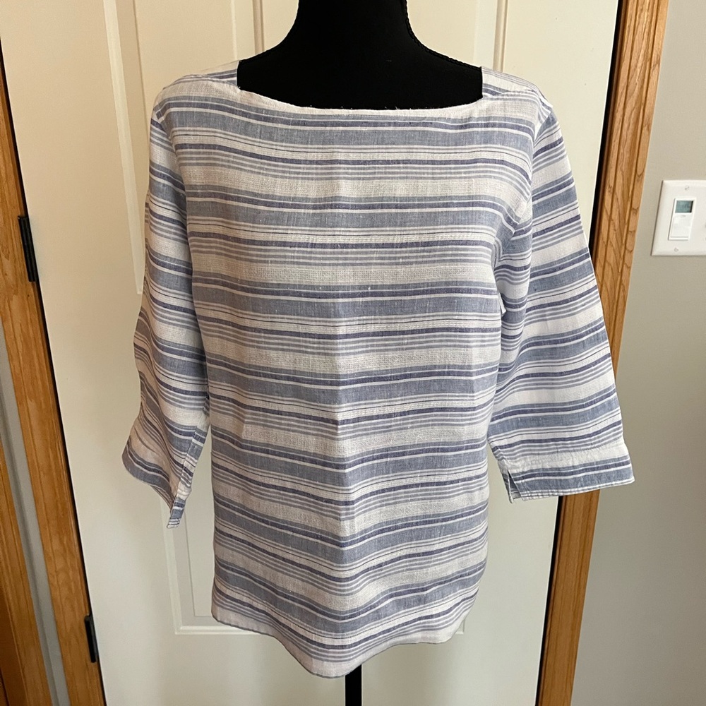 Women’s L.L. Bean 100% linen blue white stripe pullover boatneck tunic. Large P